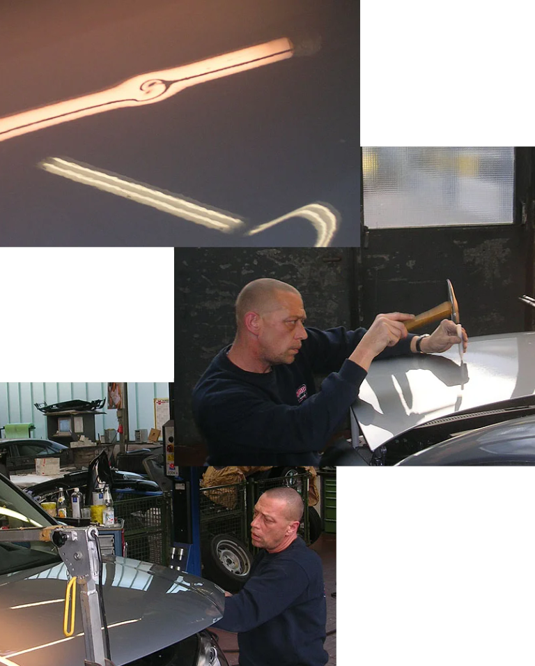 drücken einer Hageldelle in der Motorhaube  bei der Reparatur - lackschadenfrei ausbeulen Ausbeultechnik Service Stuttgart